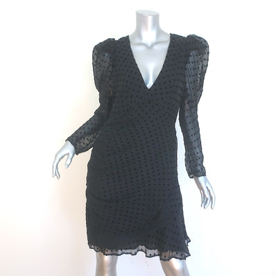 IRO Puff Sleeve Flocked Polka Dot Dress Black Silk-Blend Size 42
