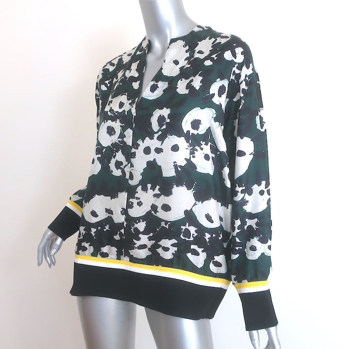 Marni Blouse Dark Green Abstract Floral Print Silk Twill Size 40 Long Sleeve Top