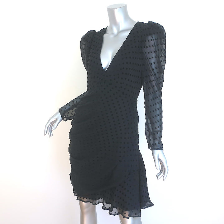 IRO Puff Sleeve Flocked Polka Dot Dress Black Silk-Blend Size 42
