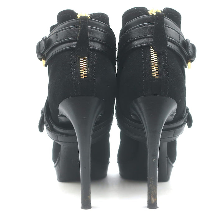 Alexander McQueen Buckled Harness Booties Black Suede &amp; Leather Size 37.5