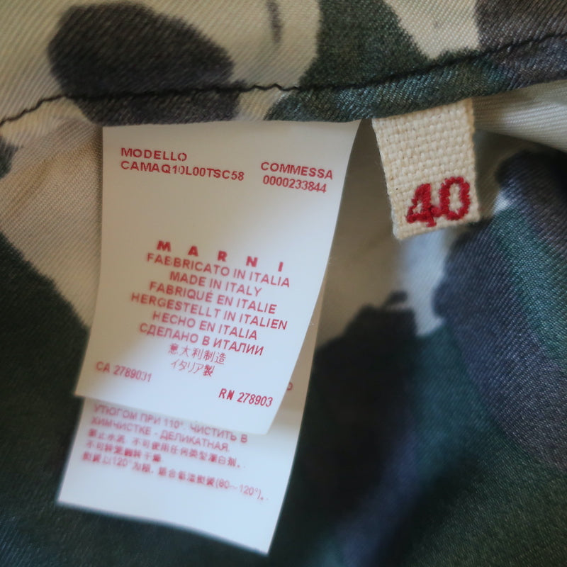 Marni Blouse Dark Green Abstract Floral Print Silk Twill Size 40 Long Sleeve Top