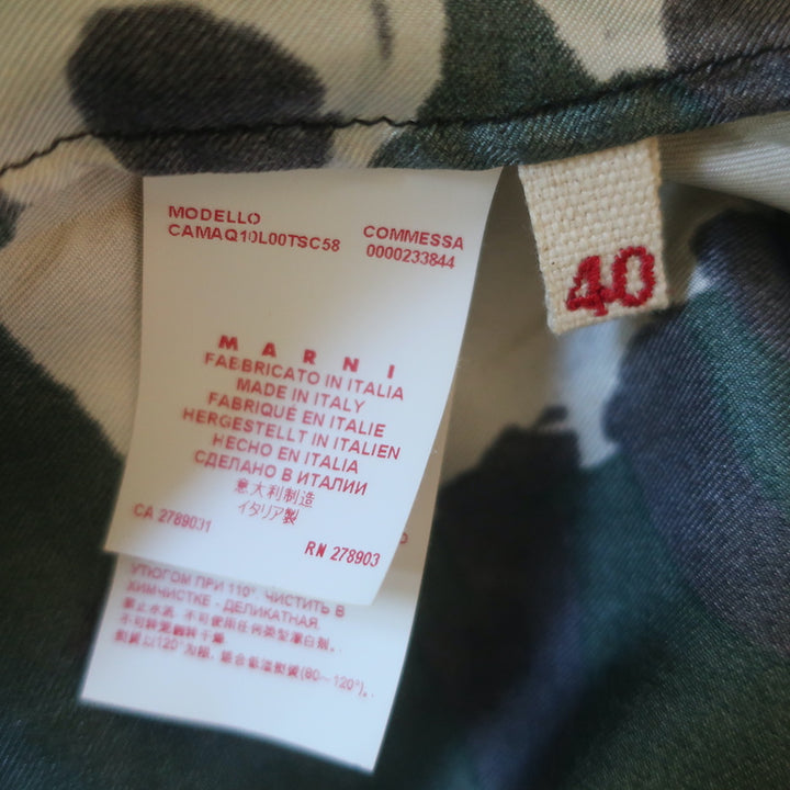 Marni Blouse Dark Green Abstract Floral Print Silk Twill Size 40 Long Sleeve Top