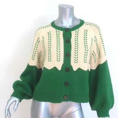 THE GREAT The Scallop Sophomore Cardigan Green/Ivory Cotton-Blend Size 2