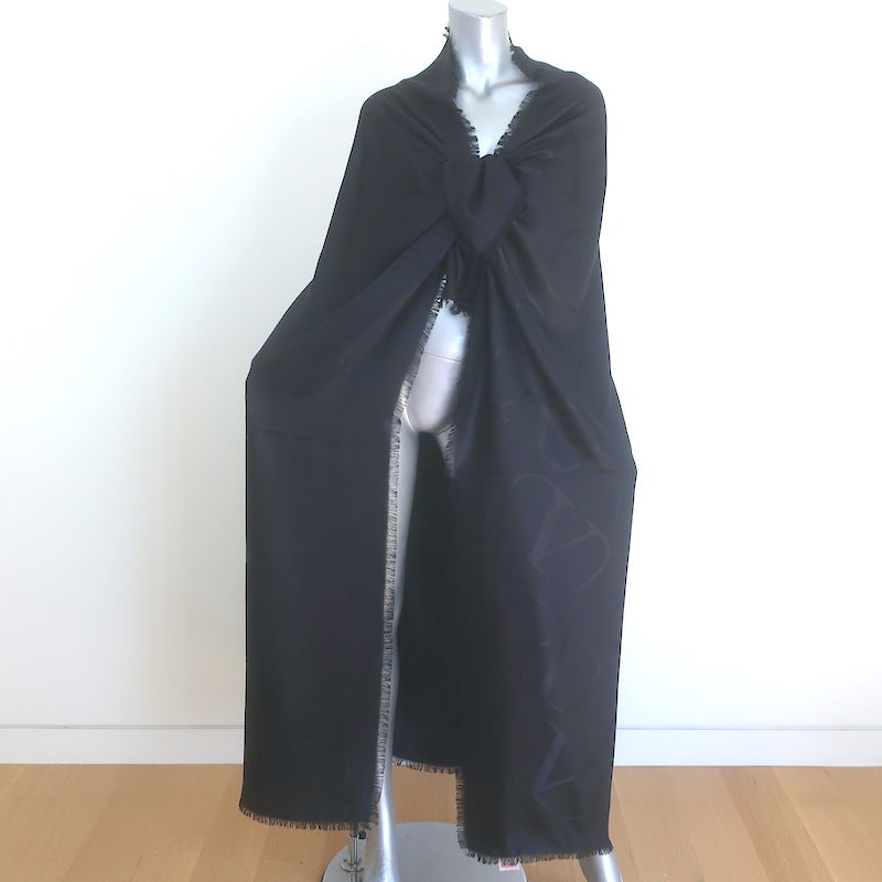Valentino V Logo Signature Jacquard Shawl Black Silk-Wool NEW
