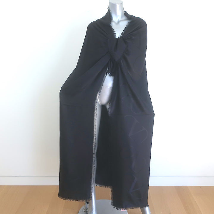 Valentino V Logo Signature Jacquard Shawl Black Silk-Wool NEW