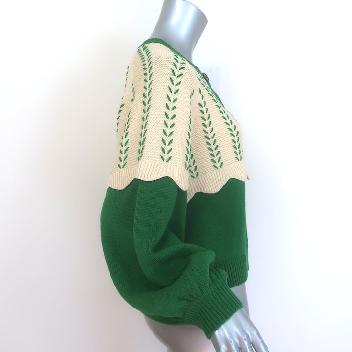THE GREAT The Scallop Sophomore Cardigan Green/Ivory Cotton-Blend Size 2