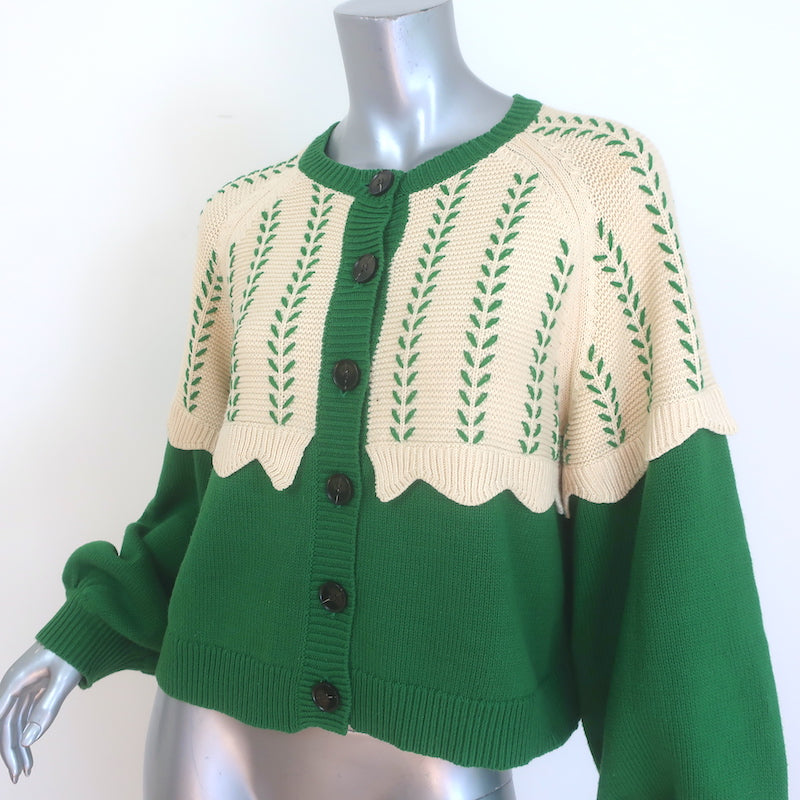 THE GREAT The Scallop Sophomore Cardigan Green/Ivory Cotton-Blend Size 2