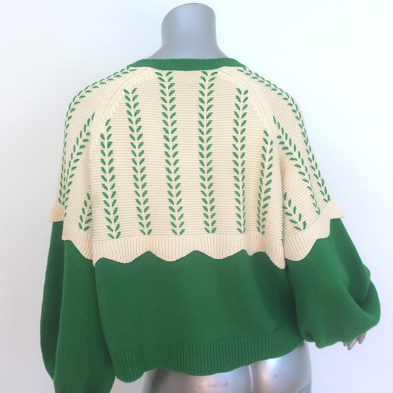 THE GREAT The Scallop Sophomore Cardigan Green/Ivory Cotton-Blend Size 2