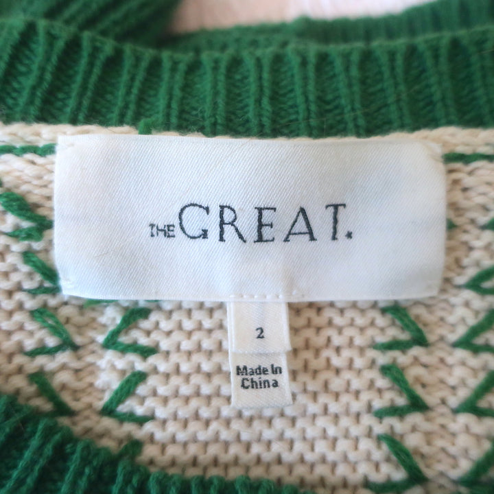 THE GREAT The Scallop Sophomore Cardigan Green/Ivory Cotton-Blend Size 2