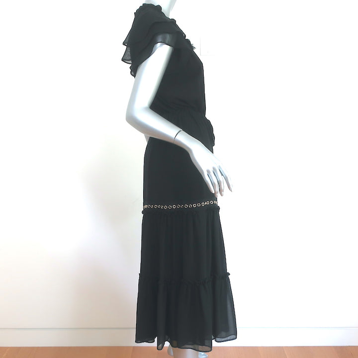 MISA Midi Dress Anis Black Grommet-Trim Georgette Size Medium Flutter Sleeve