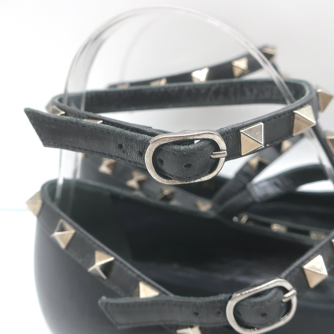 Valentino Noir Rockstud Caged Ballet Flats Black Leather Size 41