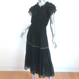 MISA Midi Dress Anis Black Grommet-Trim Georgette Size Medium Flutter Sleeve