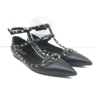 Valentino Noir Rockstud Caged Ballet Flats Black Leather Size 41
