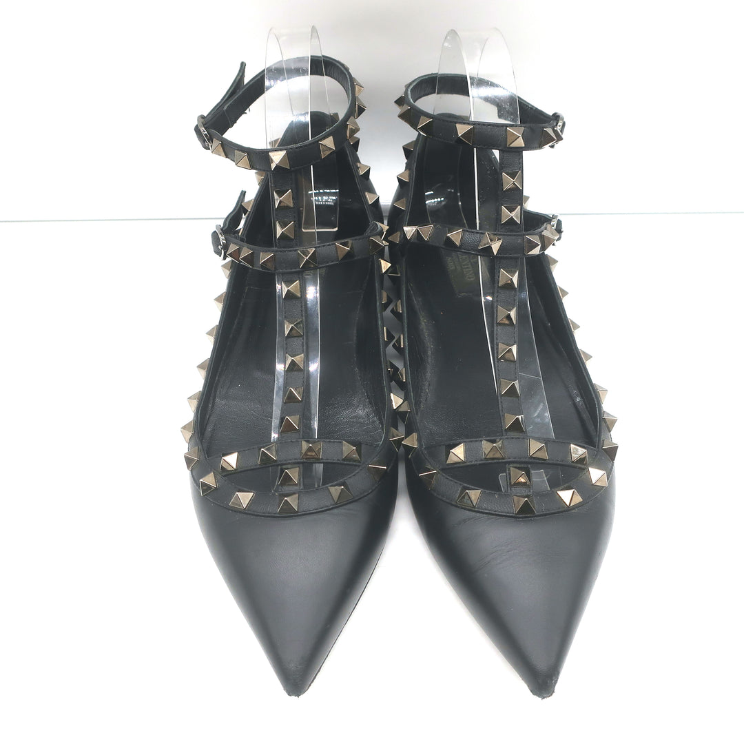 Valentino Noir Rockstud Caged Ballet Flats Black Leather Size 41