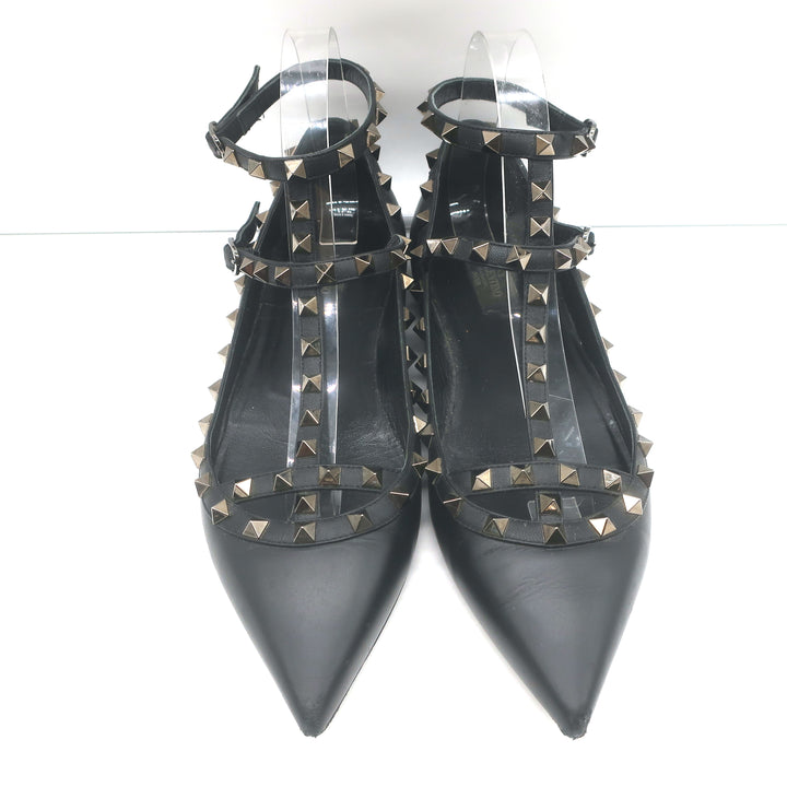 Valentino Noir Rockstud Caged Ballet Flats Black Leather Size 41