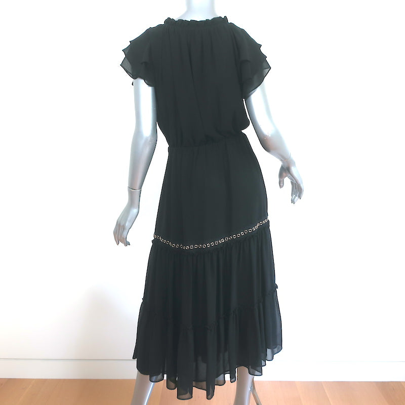 MISA Midi Dress Anis Black Grommet-Trim Georgette Size Medium Flutter Sleeve