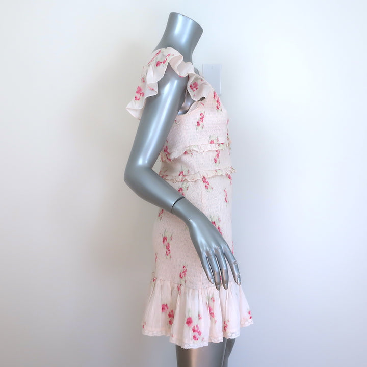 LoveShackFancy Sonora Smocked Mini Dress Light Pink Floral Print Size Large NEW