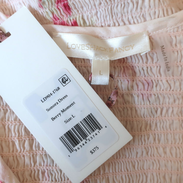 LoveShackFancy Sonora Smocked Mini Dress Light Pink Floral Print Size Large NEW