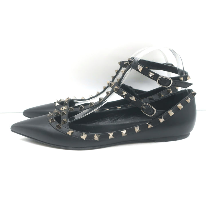 Valentino Noir Rockstud Caged Ballet Flats Black Leather Size 41