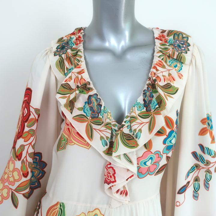 Etro Maxi Dress Monterey Ivory Floral Print Ruffled Silk Size 42 V-Neck Gown