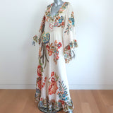 Etro Maxi Dress Monterey Ivory Floral Print Ruffled Silk Size 42 V-Neck Gown