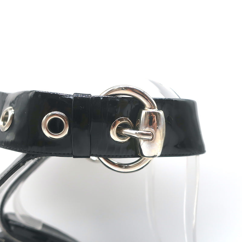 Gucci Buckle Sandals Black Patent Leather Size 10B Ankle Strap Heels