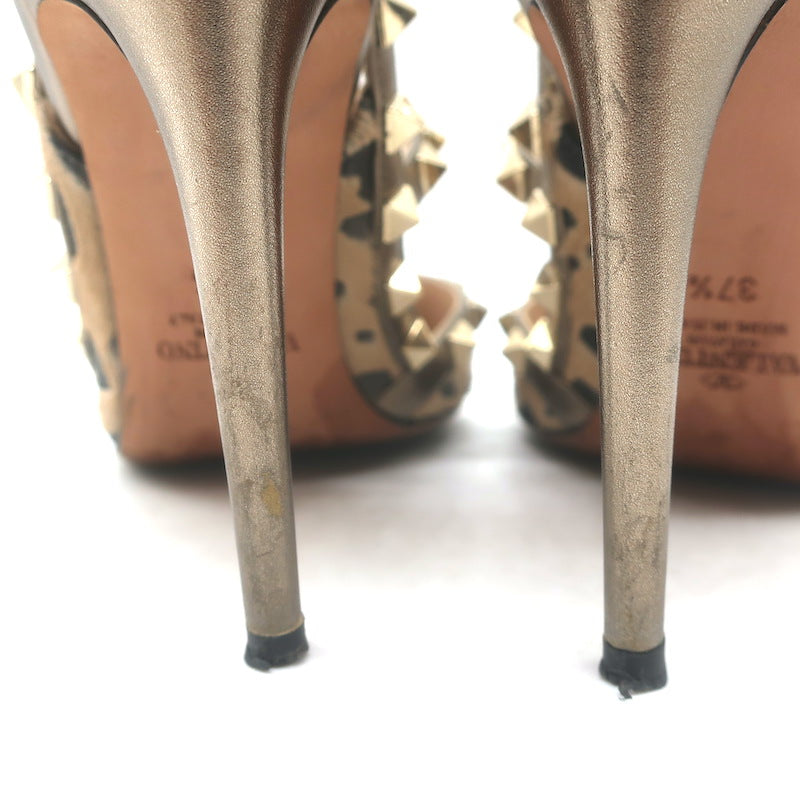 Valentino Rockstud Cheetah Print Calf Hair Pumps Gold Metallic Leather Size 37.5
