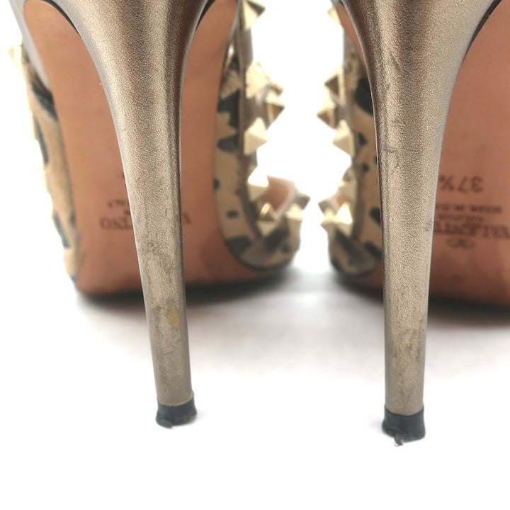 Valentino Rockstud Cheetah Print Calf Hair Pumps Gold Metallic Leather Size 37.5