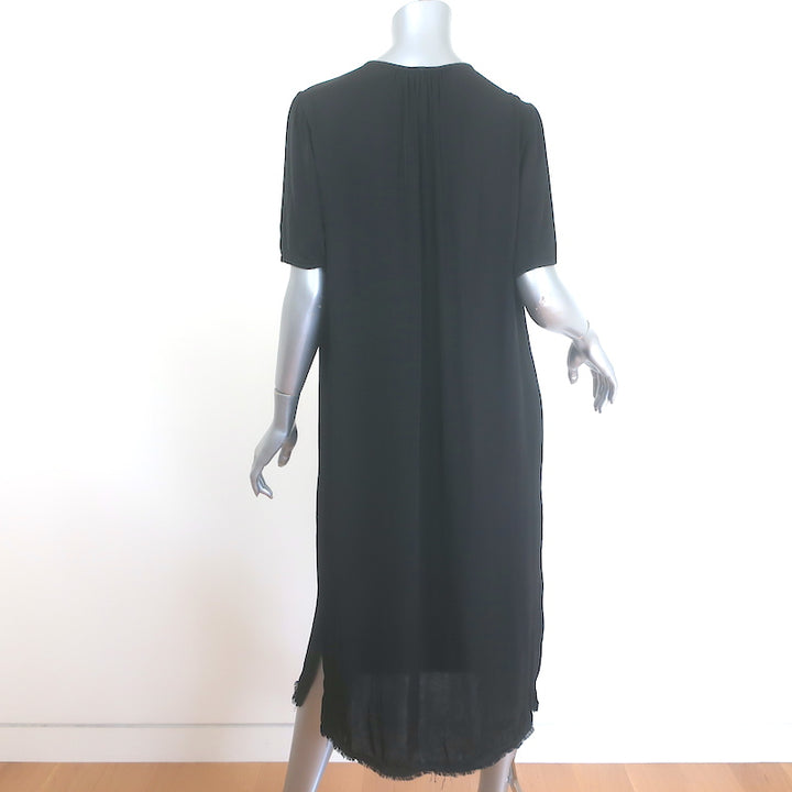 Raquel Allegra ribbon-placket midi dress in black liquid satin, authentic pre-owned luxury women&