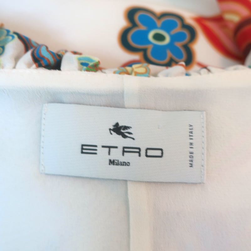 Etro Maxi Dress Monterey Ivory Floral Print Ruffled Silk Size 42 V-Neck Gown