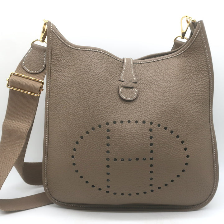 Hermes Evelyne III 29 PM Bag Etoupe Taurillon Clemence Leather Gold Hardware NEW