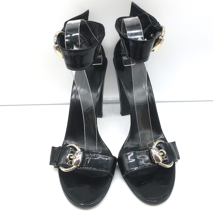 Gucci Buckle Sandals Black Patent Leather Size 10B Ankle Strap Heels