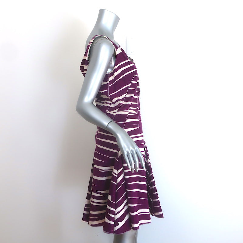 Oscar de la Renta Zebra Stripe Mini Dress Plum/White Stretch Cotton Size 8