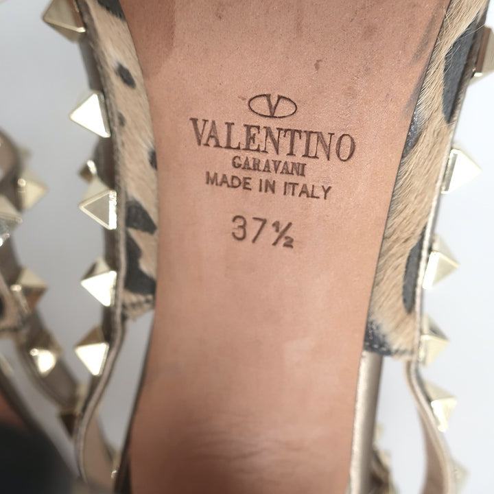 Valentino Rockstud Cheetah Print Calf Hair Pumps Gold Metallic Leather Size 37.5
