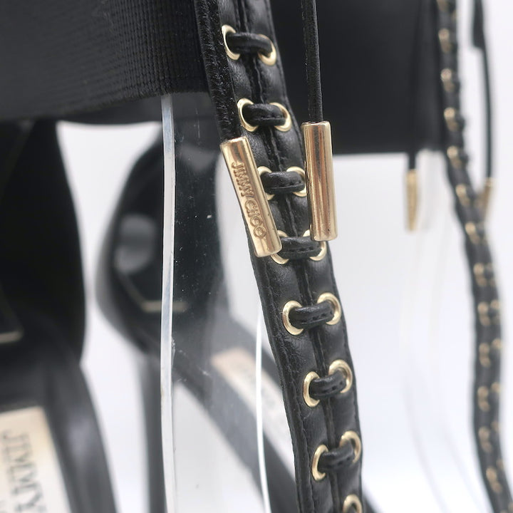 Jimmy Choo Mahine Lace-Up T-Strap Sandals Black Leather Size 37.5