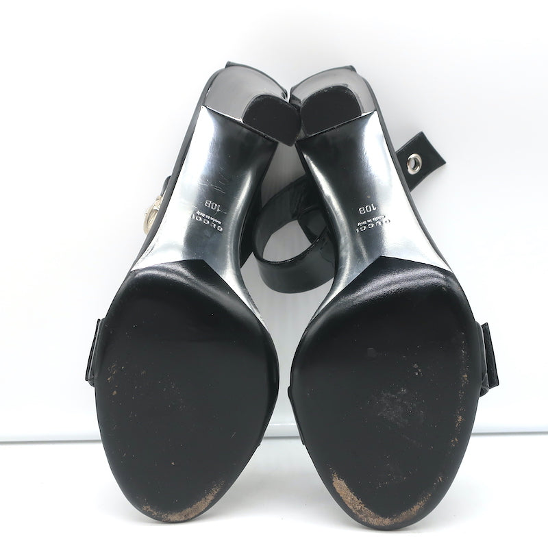 Gucci Buckle Sandals Black Patent Leather Size 10B Ankle Strap Heels