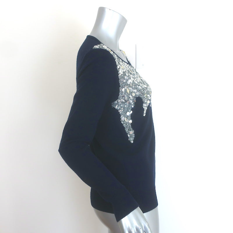 Oscar de la Renta Sequin &amp; Jewel-Embellished Sweater Navy Wool Size Extra Small