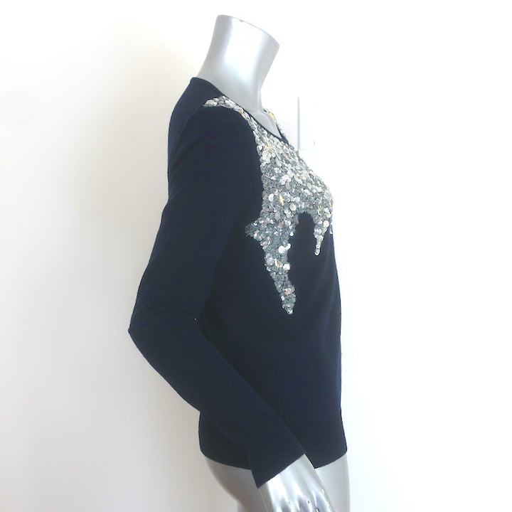 Oscar de la Renta Sequin &amp; Jewel-Embellished Sweater Navy Wool Size Extra Small