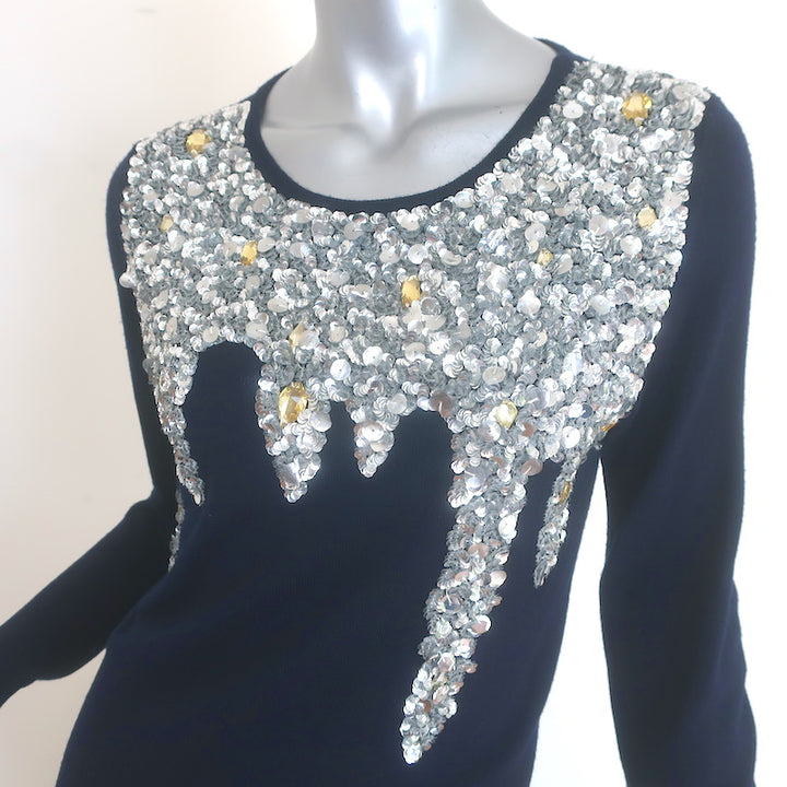 Oscar de la Renta Sequin &amp; Jewel-Embellished Sweater Navy Wool Size Extra Small