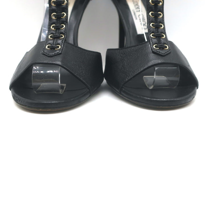 Jimmy Choo Mahine Lace-Up T-Strap Sandals Black Leather Size 37.5