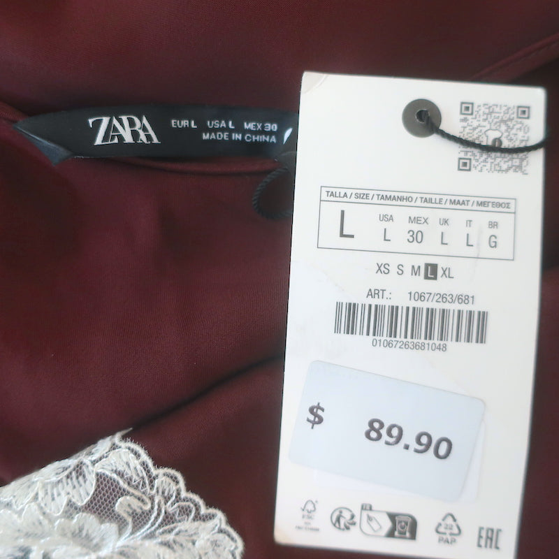Zara Lace-Trimmed Maxi Slip Dress Burgundy Satin Size Large NEW
