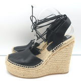 Saint Laurent Platform Espadrille Wedge Sandals Black Leather Size 40