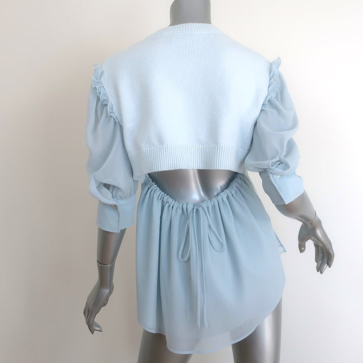 ADEAM Goldfish Mixed-Media Puff Sleeve Top Light Blue Knit &amp; Chiffon Size Medium