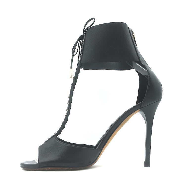 Jimmy Choo Mahine Lace-Up T-Strap Sandals Black Leather Size 37.5