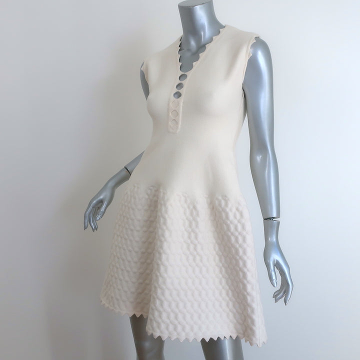 Alaia Zig Zag Trim Dress Ivory Wool-Blend Embossed Jacquard Knit Size 40