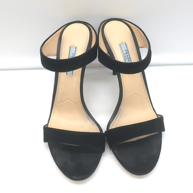 Prada Double Band Sandals Black Suede Size 39 Open Toe Heels