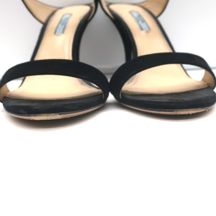 Prada Double Band Sandals Black Suede Size 39 Open Toe Heels