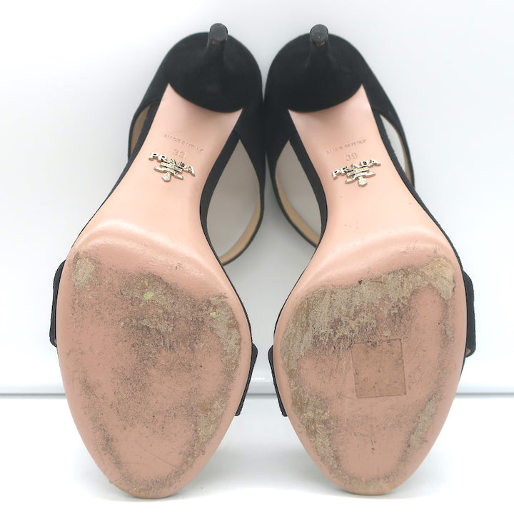 Prada Double Band Sandals Black Suede Size 39 Open Toe Heels
