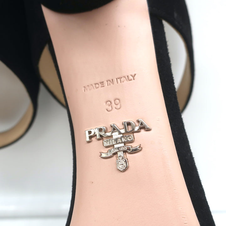 Prada Double Band Sandals Black Suede Size 39 Open Toe Heels