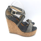 Jimmy Choo Portia Cork Platform Wedge Sandals Navy Woven Raffia Size 37